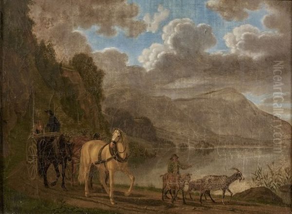 Landschaft Am See Mit Pferdewagen Oil Painting by Emanuel Rudolf Biedermann