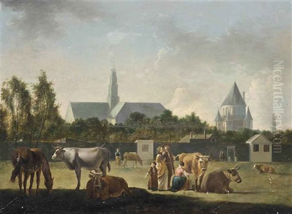 A Townscape With A Shepherdess And Her Cattle, A Church Beyond Oil Painting by Johann Jakob Biedermann