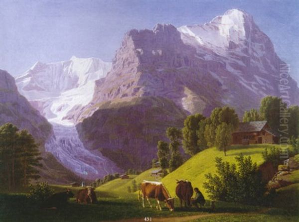 Eiger Und Unterer Grindelwald-gletscher Oil Painting by Johann Jakob Biedermann