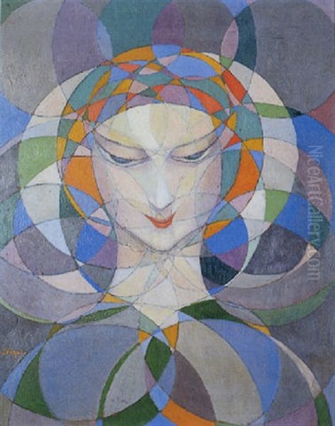 Tete De Femme De Face Sur Fance De Rosaces Oil Painting by Boleslas Biegas