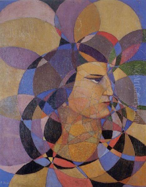 Tete De Femme, Profil Droit, Sur Fond De Rosaces Oil Painting by Boleslas Biegas