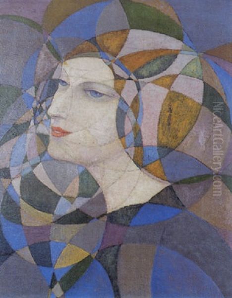 Tete De Femme, Profil Gauche, Sur Fond De Rosaces Oil Painting by Boleslas Biegas