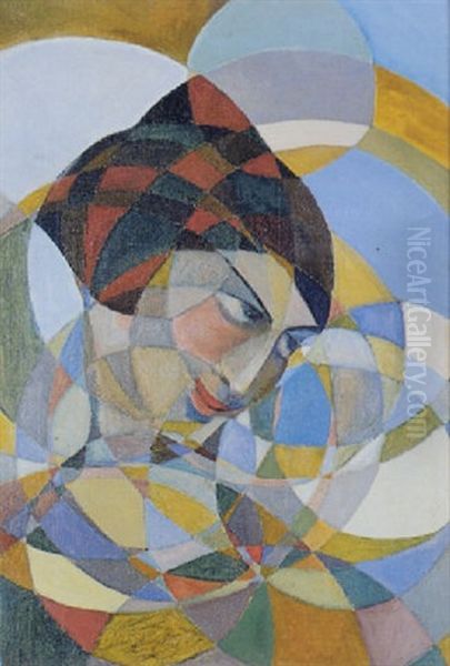 Tete De Femme Penchee, Profil Droit, Sur Fond De Rosaces Oil Painting by Boleslas Biegas