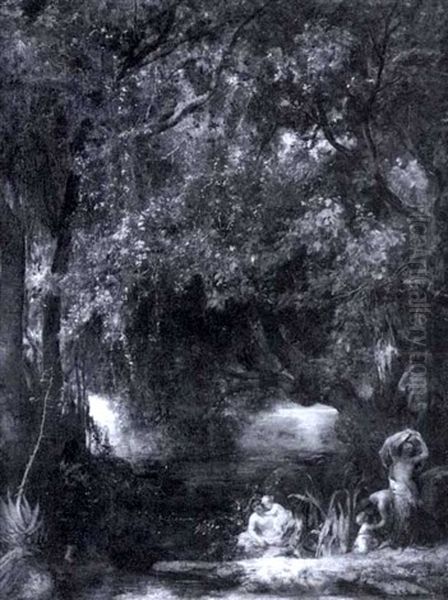 Fluslauf Mit Frauen Und Kinder Beim Baden Oil Painting by Eduard Karl Biermann