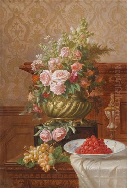 Stillleben Mit Blumen Und Fruchten Oil Painting by Marie De Bievre
