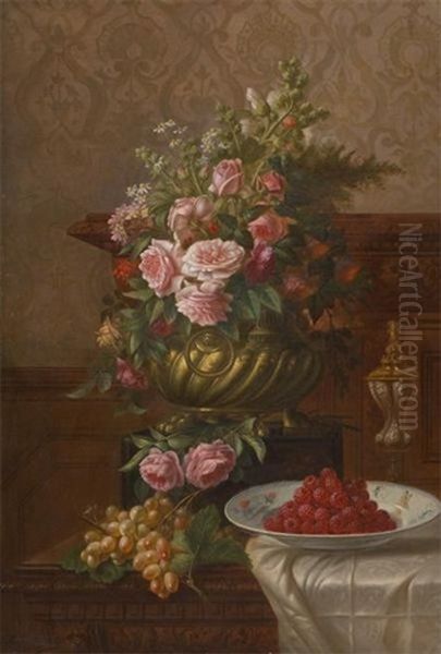 Composition Aux Roses Et Aux Fruits Oil Painting by Marie De Bievre