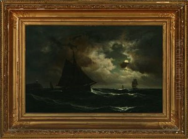 Maritime Scenery With Vessels In Moonlight Oil Painting by Carl Ludwig Bille