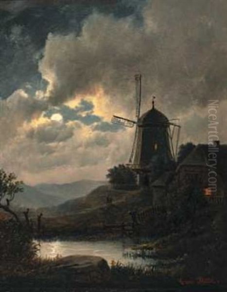 Landskap Med Vindmolle Oil Painting by Carl Ludwig Bille