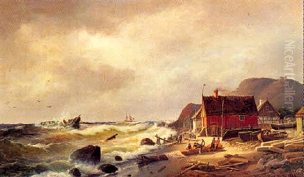 Kystparti Med Maend Ved Vragrester Fra Strandet Skib Oil Painting by Carl Ludwig Bille