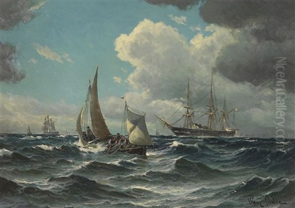Fischerboot Und Dampfsegler Auf Bewegter See Oil Painting by Vilhelm Bille