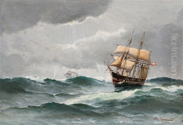 Seascape With Sailing Ships In Rough Seas Oil Painting by Vilhelm Bille