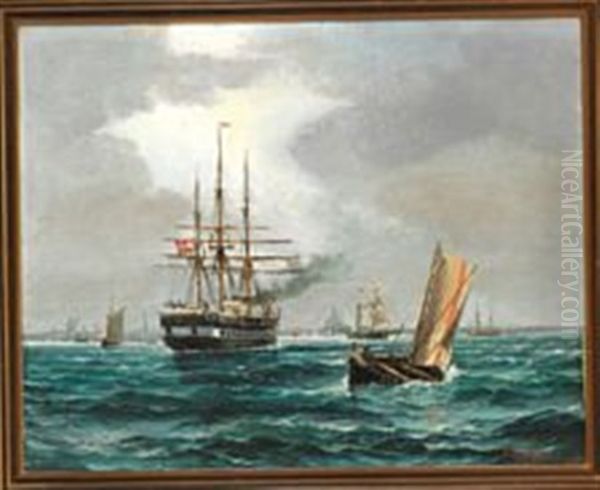 The Frigate Jutland, A Pilot Boat And Numerous Ships Off Copenhagen Oil Painting by Vilhelm Bille