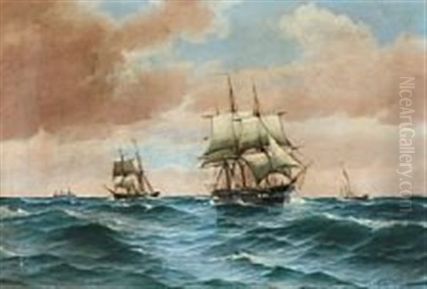 Sailing Ships At Sea Oil Painting by Vilhelm Bille