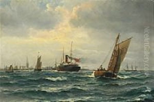 Seascape From The Bay Of Aarhus With Lively Shipping Oil Painting by Vilhelm Bille