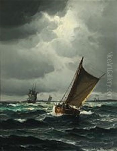 Sailing Ships At Sea Oil Painting by Vilhelm Bille