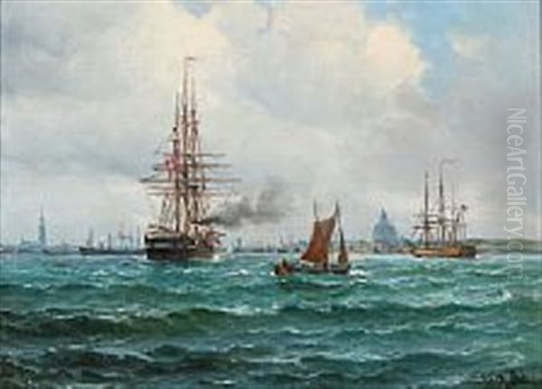 Seascape With Sailing Ships Off The Harbour Of Copenhagen Oil Painting by Vilhelm Bille