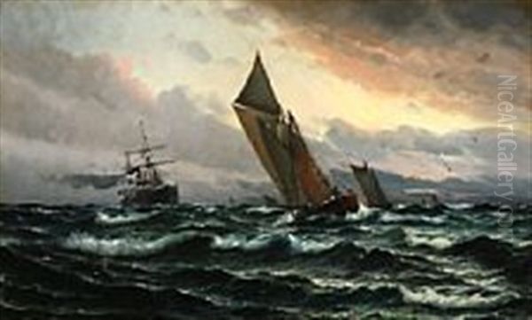 Seascape With Sailing Ships In High Waves Oil Painting by Vilhelm Bille