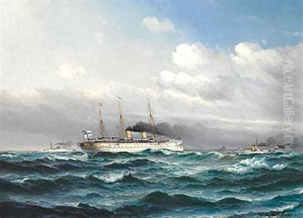 Seascape With The Imperial German Yacht Smy Hohenzollern And Other Ships From The Imperial German Navy Outside The Harbour Of Copenhagen Oil Painting by Vilhelm Bille