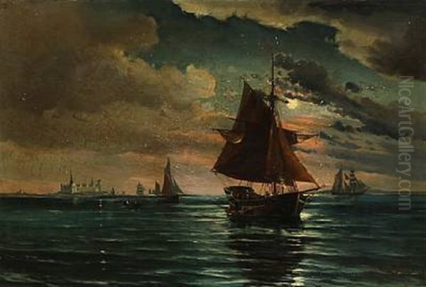 Evening Atmosphere With Sailing Ships Near Kronborg Castle Oil Painting by Vilhelm Bille