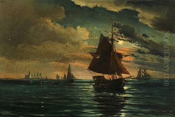 Seascape With Sailing Ships Off The Castle Kronborg Oil Painting by Vilhelm Bille