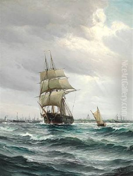 Sailing Ships Off Copenhagen. In The Background The Rigging Sheers At Holmen And The Dome Of Marmorkirken (the Marble Church) Oil Painting by Vilhelm Bille