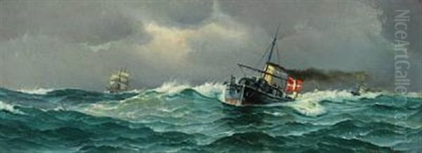 Marine With Ships At High Sea Oil Painting by Vilhelm Bille