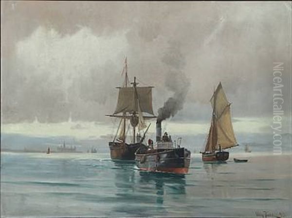 Seascape With Sailing Ships And Steamer, In The Background Kronborg Castle Oil Painting by Vilhelm Bille