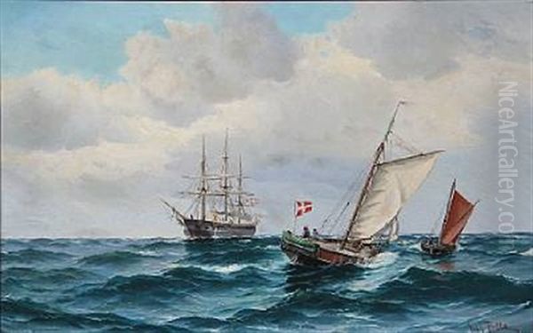 Seascape With The Frigate Jutland And A Few Fishermen In Their Boats On Open Sea Oil Painting by Vilhelm Bille