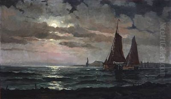 Coastal Scene At Full Moon Oil Painting by Vilhelm Bille