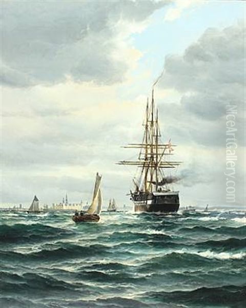 Seascape With Fregatten Jylland And Sailing Ships Off Kronborg Oil Painting by Vilhelm Bille