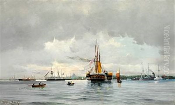 The Danish And The English Royal Yachts And The Russian Imperial Yacht Are Being Saluted In The Copenhagen Harbour Oil Painting by Vilhelm Bille