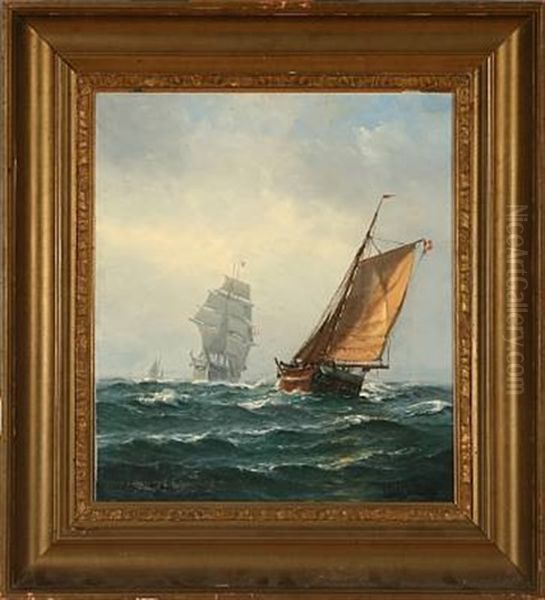 Seascape With Sailing Ships On Open Sea Oil Painting by Vilhelm Bille