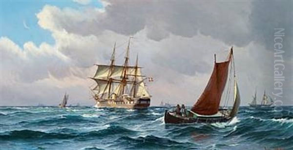 Sailing Ships And Fishing Boats At Sea Oil Painting by Vilhelm Bille