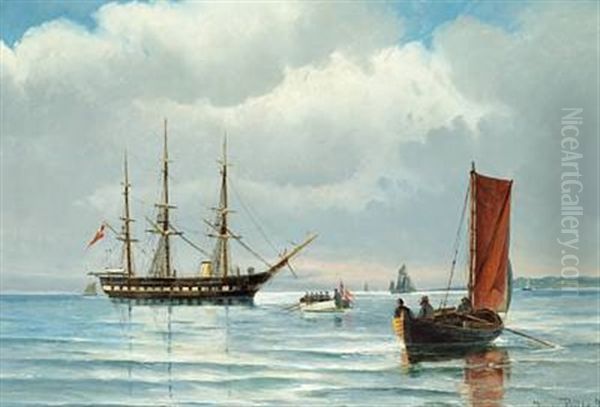 The Frigate Jylland And Fishing Boats Off The Coast Oil Painting by Vilhelm Bille
