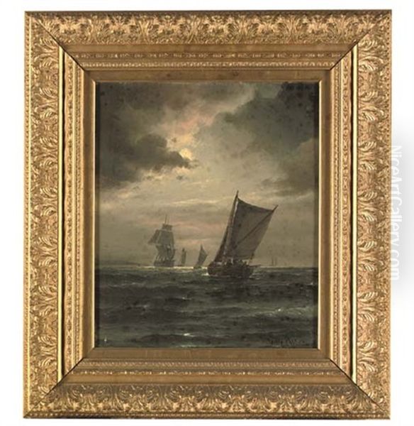 A Sailing Boat In A Gathering Storm, A Frigate And Other Boats Beyond Oil Painting by Vilhelm Bille