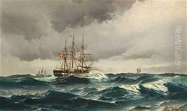 Gravejsdag Pa Havet. I Forgrunden En Fregat Oil Painting by Vilhelm Bille