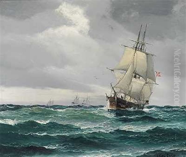 Marine Med Skibe Pa Havet Oil Painting by Vilhelm Bille