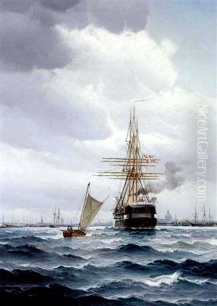 Marine Med Livlig Trafik Ud For Kobenhavn Oil Painting by Vilhelm Bille