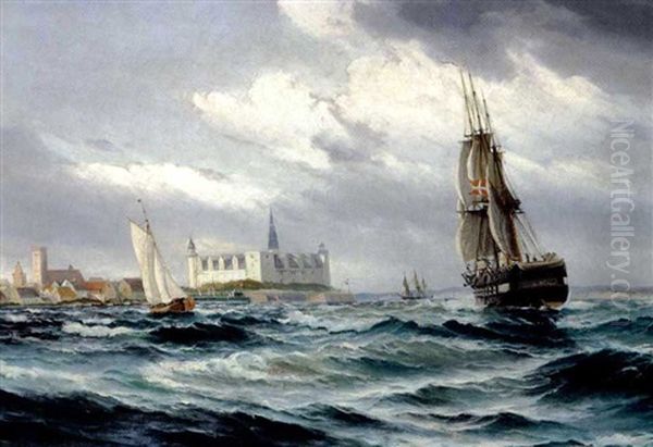 Sejlskibe I Sundet Ud For Kronborg En Blaesevejrsdag Oil Painting by Vilhelm Bille