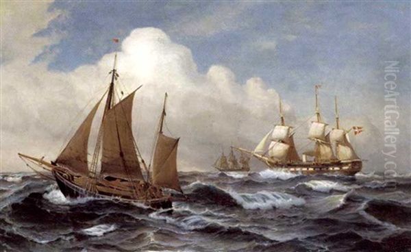 Fiskerbad Og Dampskruefregat Pa Havet Oil Painting by Vilhelm Bille