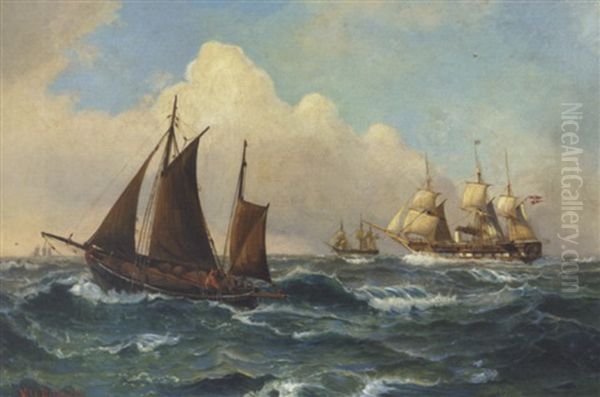Fregat Og Fiskekutter Pa Havet Oil Painting by Vilhelm Bille