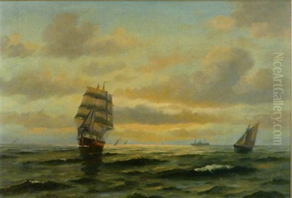 Ships At Sunset Oil Painting by Vilhelm Bille