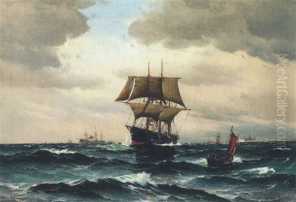 Damp- Og Sejlskibe Udfor Kronborg Oil Painting by Vilhelm Bille