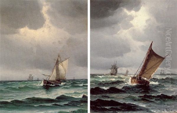 Marine Med Sejlskibe Pa Havet Oil Painting by Vilhelm Bille