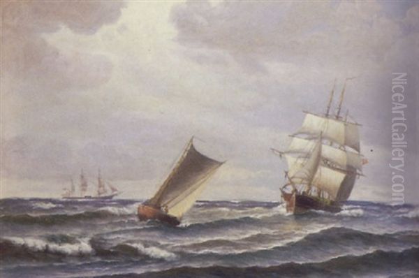 Marine Med Sejlskibe Oil Painting by Vilhelm Bille