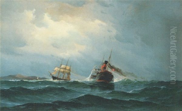 A Danish Paddle Steamer And A Three-masted Barque Passing In The Channel Oil Painting by Vilhelm Bille