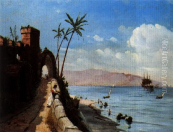 Mediterranean Coastal Scene Oil Painting by Vilhelm Bille