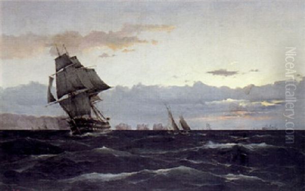 Marine Med Skibe Ud For Kysten Oil Painting by Vilhelm Bille