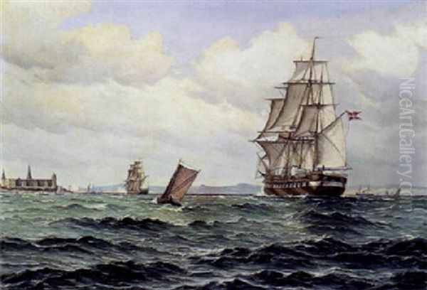 Orlogsskibe Passerer Kronborg Pa Vej Gennem Oresund Oil Painting by Vilhelm Bille