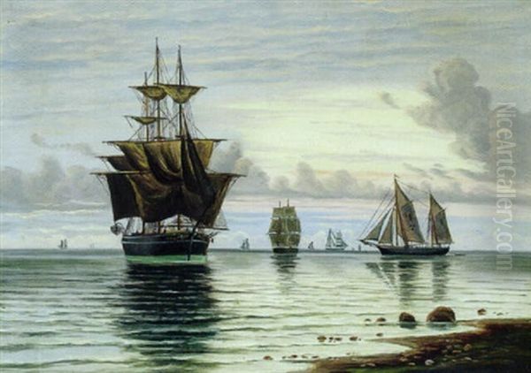Marine Med Skibe Udfor Kysten Oil Painting by Vilhelm Bille